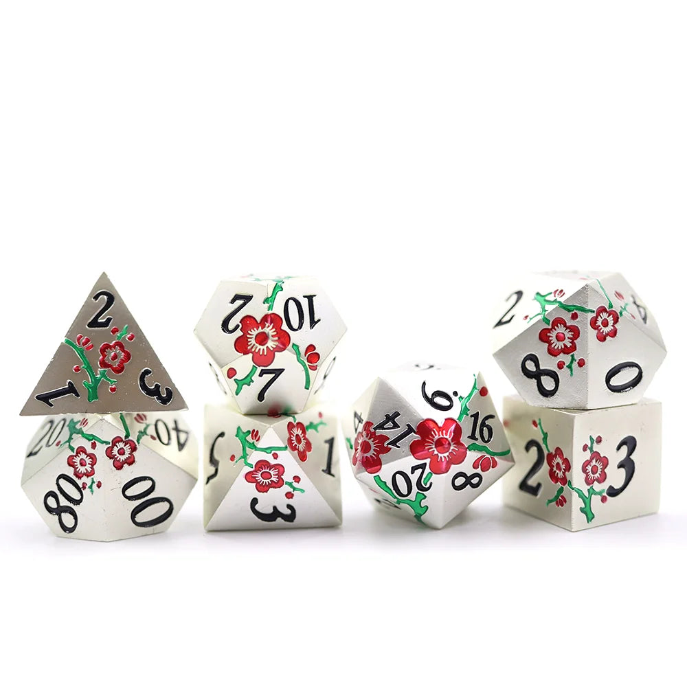 New Design Flower Printed Smooth Surface Metal Alloy Polyhedron Dice Set for Dnd