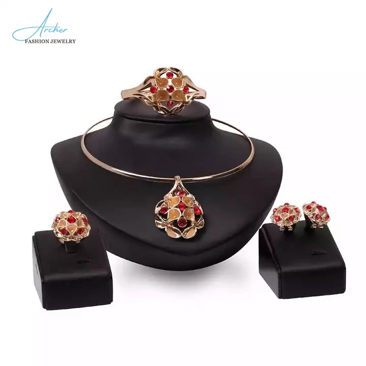 Women African Fashion 4 Piece Jewelry Sets Bangle Red Flower Luxury Saudi 18K Gold Dubai Brazilian Wedding Bridal Jewelry Set