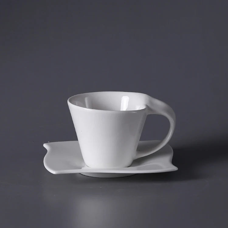 Wholesale Customized Logo Special Shaped White Ceramic Coffee Cup and Saucer Sets Bone China Eco-Friendly FINE-V Brand