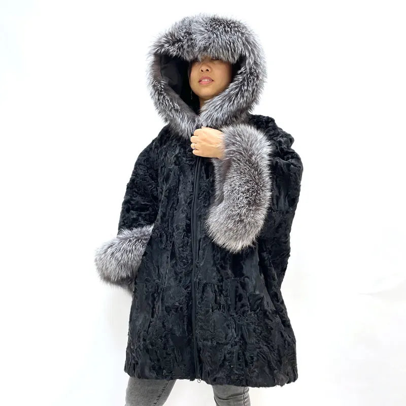 Fashion Casual Style Winter Warm Women Hooded Bat Sleeve Loose Real Karakul Fur ODM Plus Size Poncho Coat