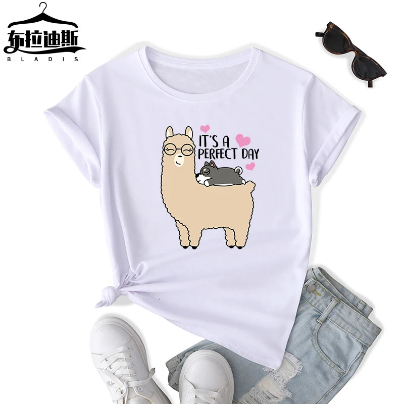 Hot Sale Women's Loose Cotton Polyester Eco-Friendly Casual Short Sleeve T-Shirt Logo Cute Puppy Alpaca Animal Solid Letter
