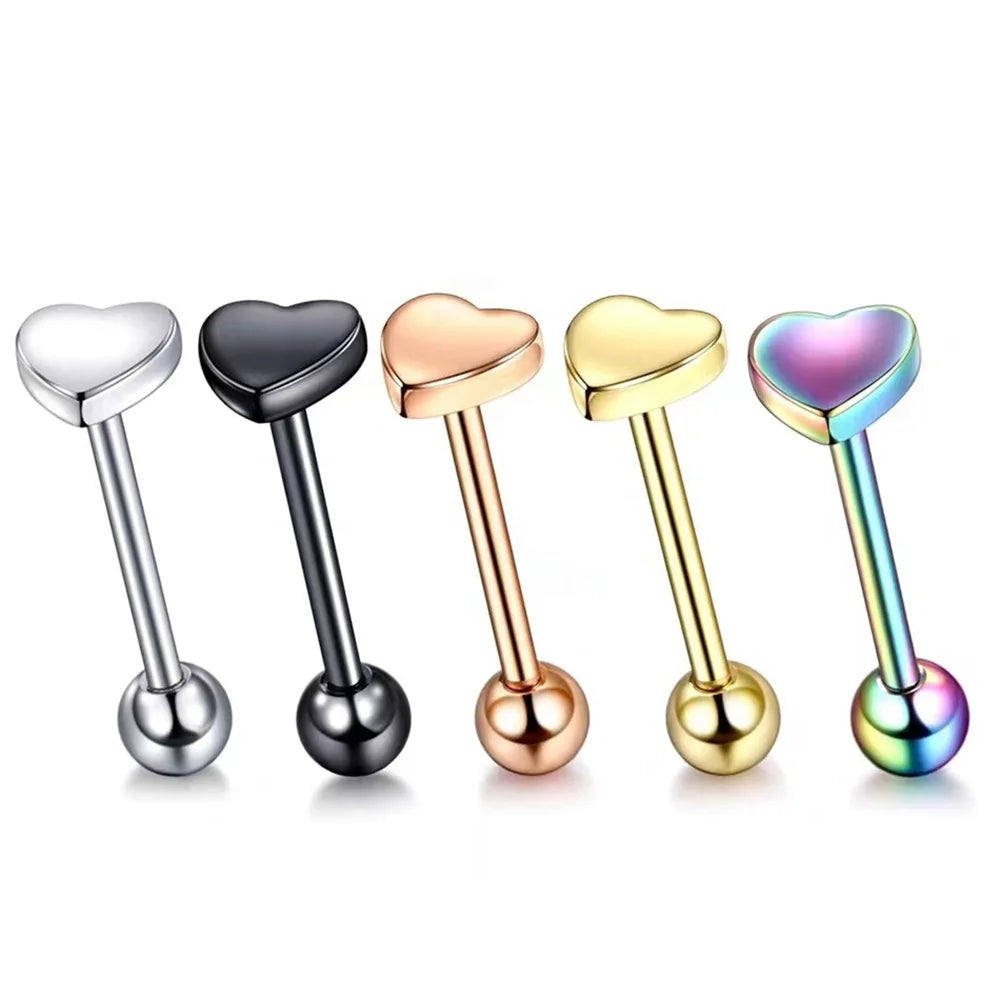 Tongue Rings Piercing Stud Industrial Screw Heart Shape Tongue Barbell Body Piercing Jewelry
