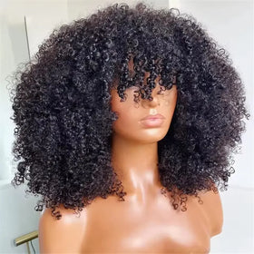 Affordable High Density Afro Kinky Curly Wig With Bangs Non Lace Natural Color Virgin Human Hair Wigs Wholesale Short Bob Wigs