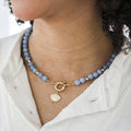 10mm Natural Blue Striped Agate Beaded Necklace Choker for Women 14K Gold OT Clasp Shell Pendent Healing Crystal Stone Necklace
