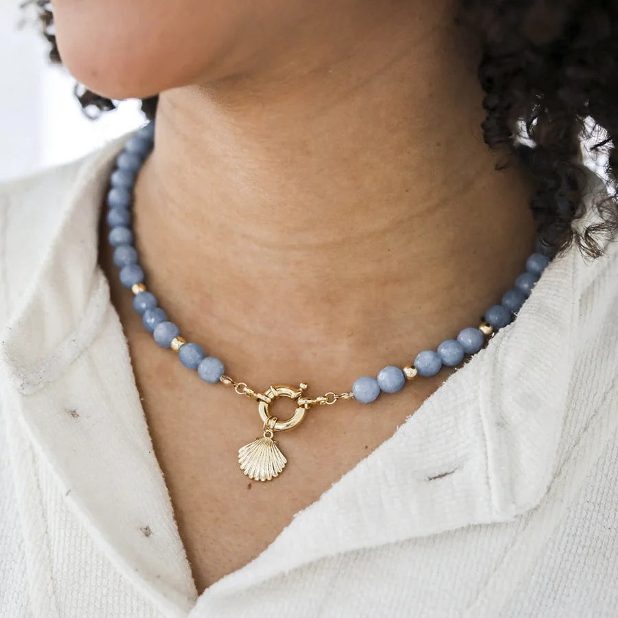 10mm Natural Blue Striped Agate Beaded Necklace Choker for Women 14K Gold OT Clasp Shell Pendent Healing Crystal Stone Necklace