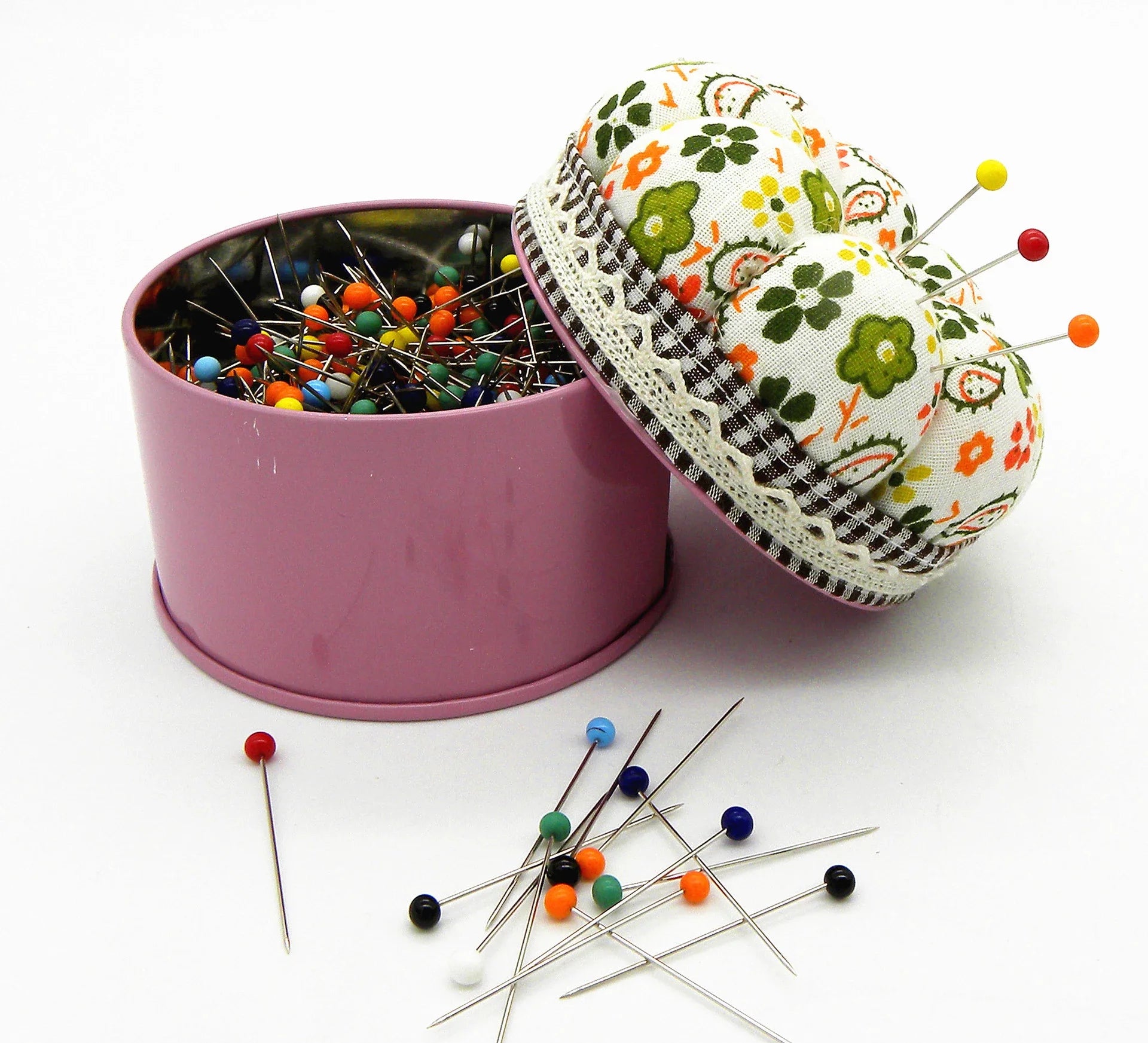 Colorful Glass Head Sewing Pins with Pumpkin Pin Storage Box Cushion for DIY Sewing Needle Holder