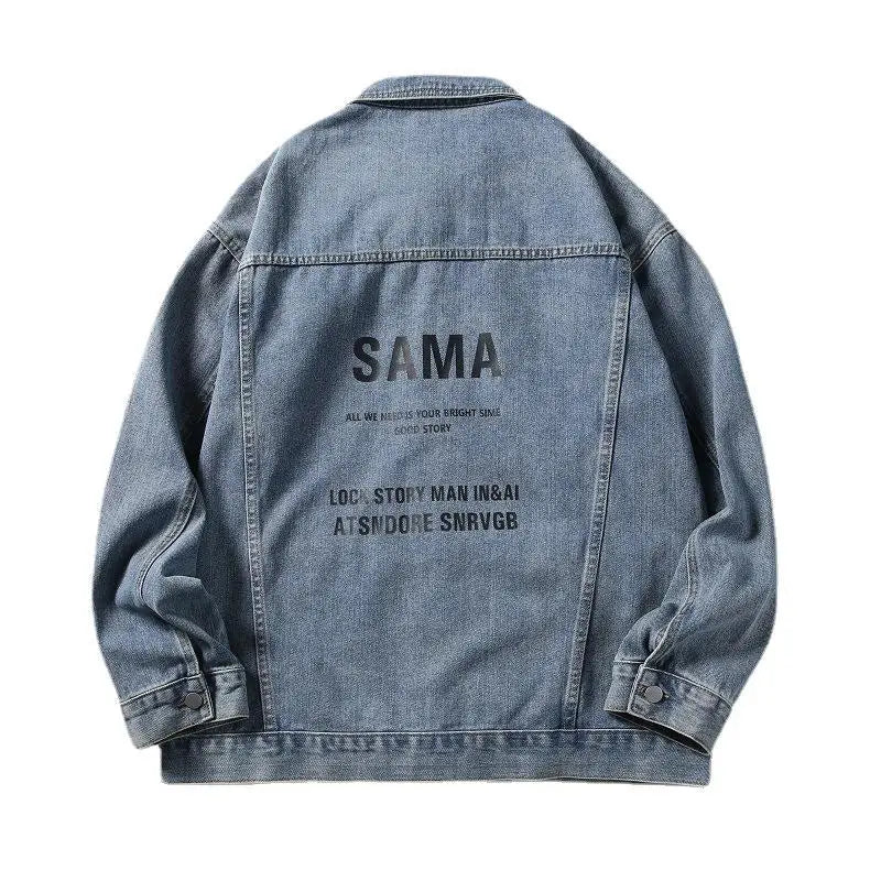 Men's High Street Casual Baseball Jacket Loose Fit Denim with Front Logo Thin Varsity Style