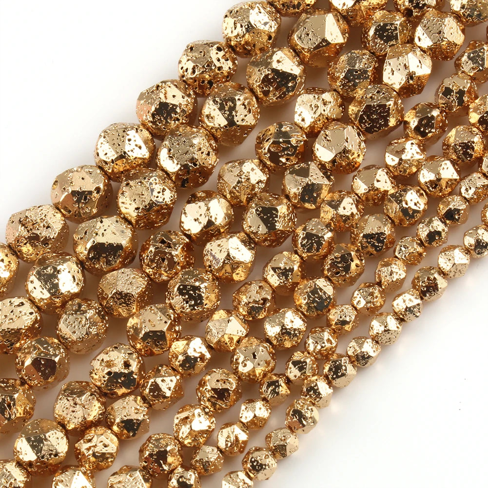Wholesale 14K Gold Plated Faceted Volcanic Lava Stone Beads 6/8/10/12MM Sizes for Jewelry Making and DIY
