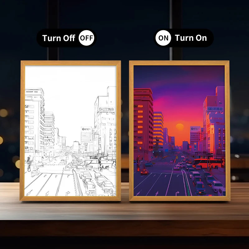 Creative LED Acrylic Night Lamp Rechargeable Photo Frame with Light Wood Painting Canvas Base Scenery Subjects Home Decor Gift
