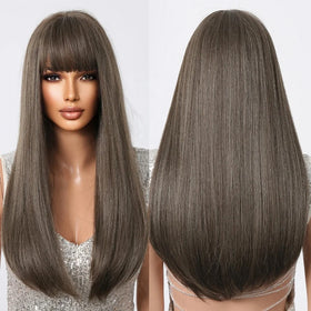 Long Straight Synthetic Wigs Whit Bangs Natural Light Gray Flax Brown Wig for White Black Women Daily Party Heat Resistant Hair