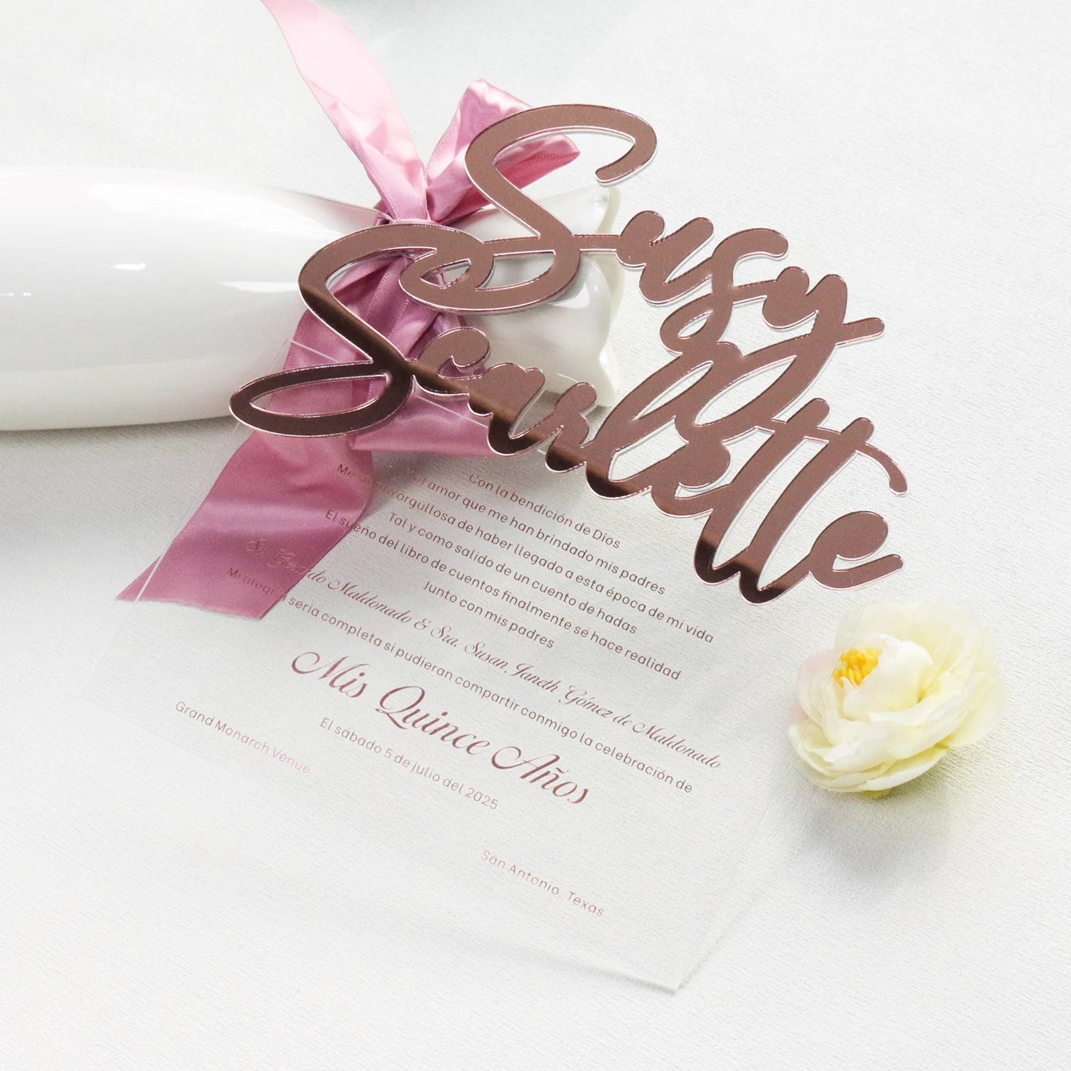 Elegant Clear Acrylic Wedding Card Rose Gold Acrylic Monogram Transparent  Quinceanera Invitations with White Box