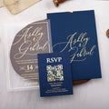 Luxury Hardcover Designs Marine Blue Virgin Gold Acrylic Wedding Invitations With Rsvp Card for Quinceanera