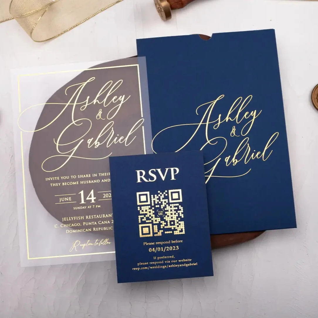 Luxury Hardcover Designs Marine Blue Virgin Gold Acrylic Wedding Invitations With Rsvp Card for Quinceanera