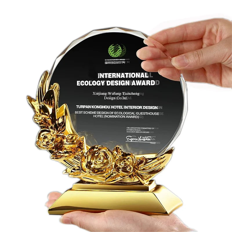 New Trofeos Roseflowers Medals Crystal Trophy Engravable Wholesale Glass Staff Service Award Trophy With Gold Base