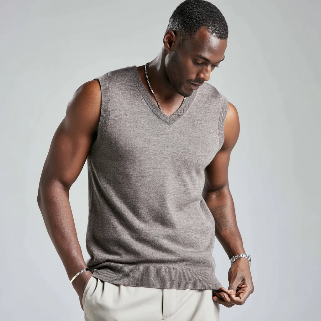Men's Lightweight Merino Wool Sleeveless Sweater Vest Anti-Wrinkle and Anti-Shrink for Winter Layering Over Shirts Front Logo