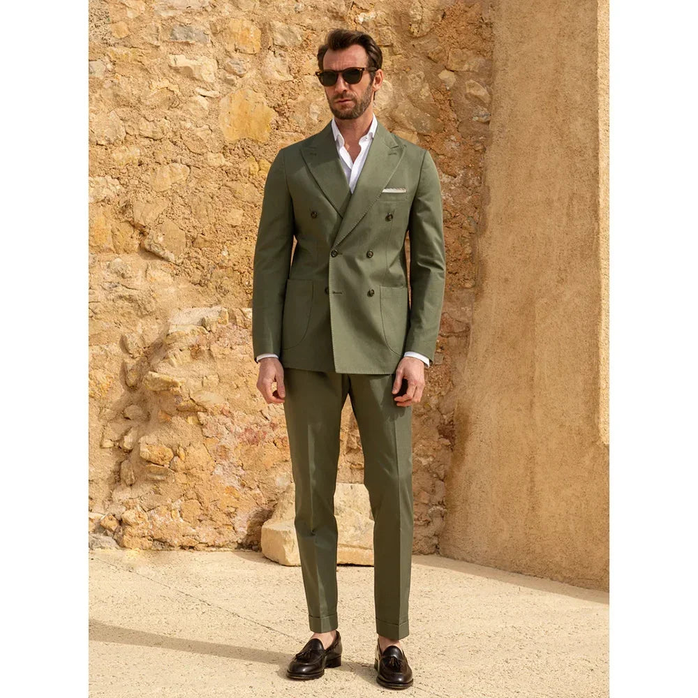 Green Suits for Men Fashion Double Breasted 2 Piece Business Casual Office Blazer Sets Wedding Groom Tuxedo