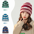 Custom logo Stripe Winter Warm Beanie Double Jacquard Knit Hat for Women Men