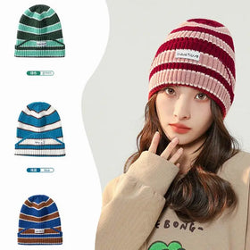 Custom logo Stripe Winter Warm Beanie Double Jacquard Knit Hat for Women Men