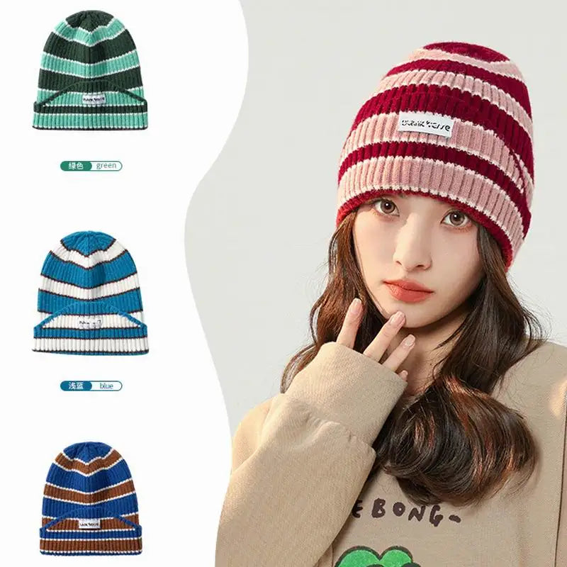 Custom logo Stripe Winter Warm Beanie Double Jacquard Knit Hat for Women Men