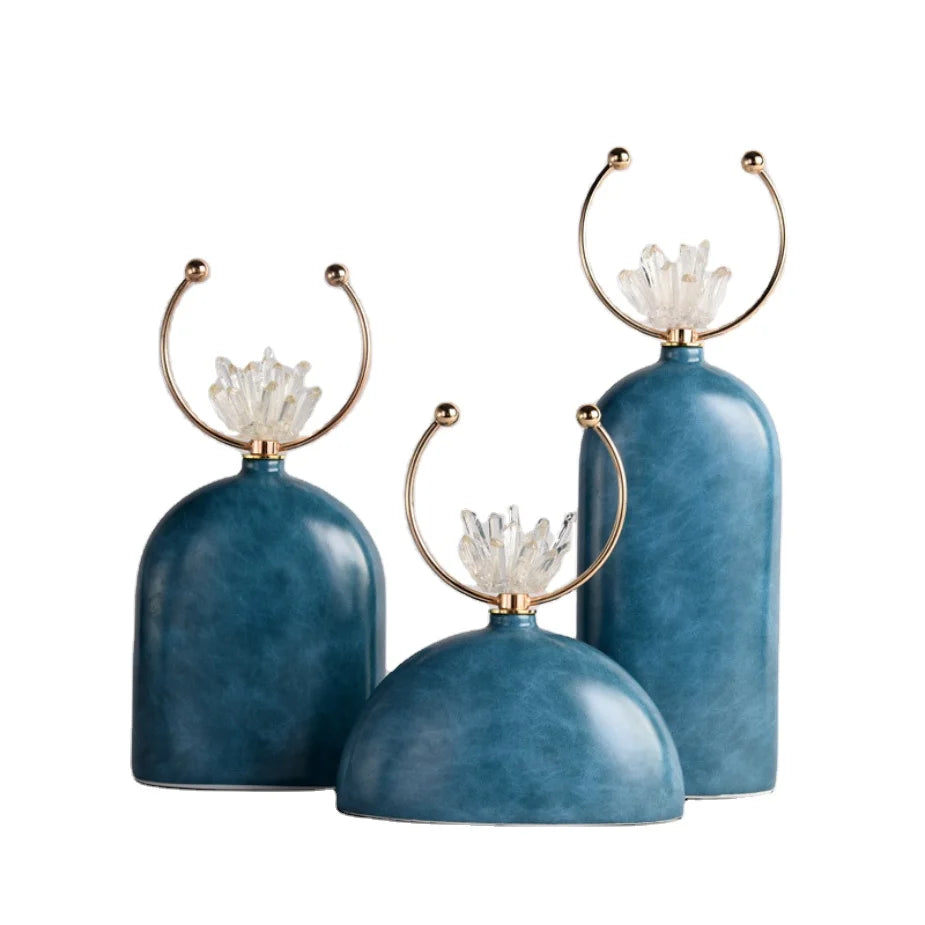 Chinese Style Blue Base Table Display Metal Crystal Decoration with Ceramic Crafts for Room Decoration Feature Pottery & Enamel