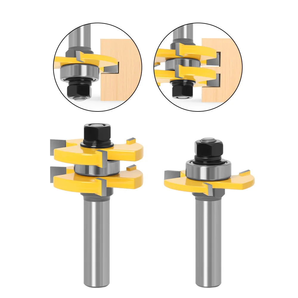 2Pcs 1/4"(6.35mm) 6mm Shank 3 Teeth Tungsten Carbide Tongue Groove Slotting Router Bits Set Floor Splicing Cutter for Wood CNC