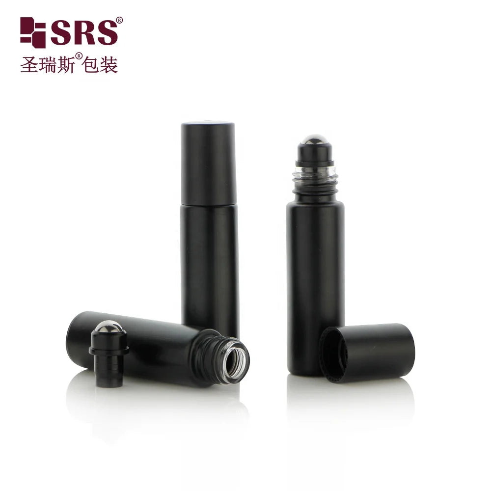 10ml Roller Bottle Glass Matte Black Roll on Container With Black Holder for Ball Applicator Portable Perfume Bottle