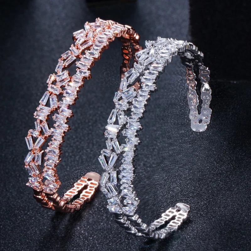 Rectangle Iced Out Cubic Zirconia Crystal Rose Gold and Silver Plated Big Wide Bangle Bracelet for Women Wedding Party Jewelry