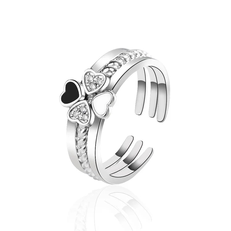 3 in 1 Love Heart Four-Leaf Lucky Clover CZ Crystal Combination Open Rings for Women Bridal Wedding Engagement Jewelry Gift