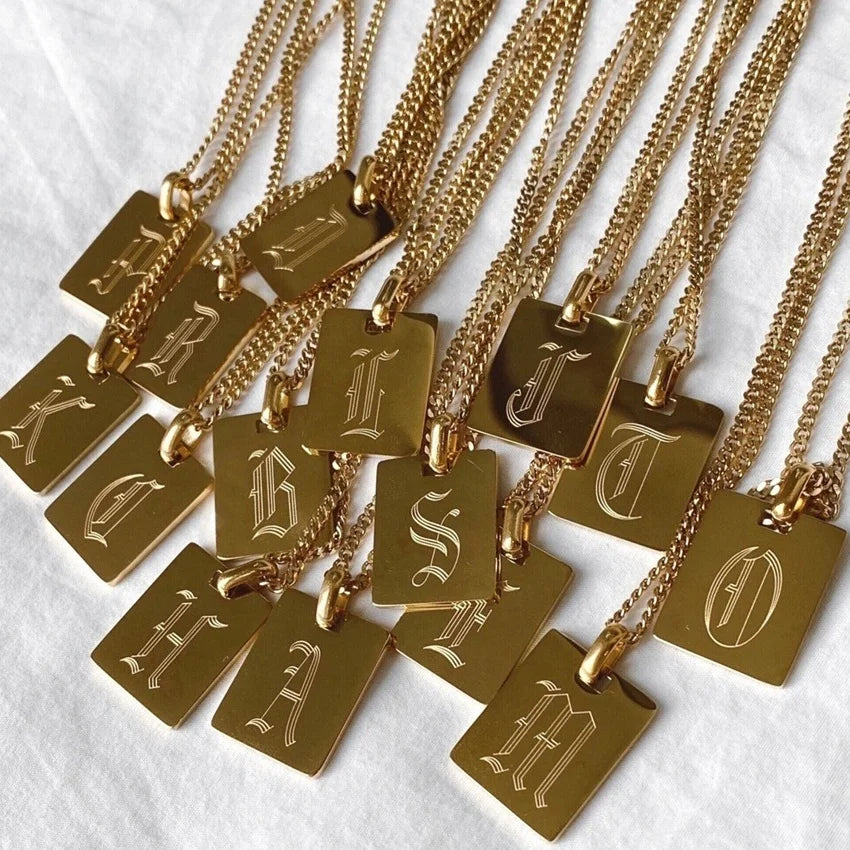 Wholesale Custom 18k Gold Plated A-Z Letter Stainless Steel Jewelry Name Rectangle Square Pendant Necklace