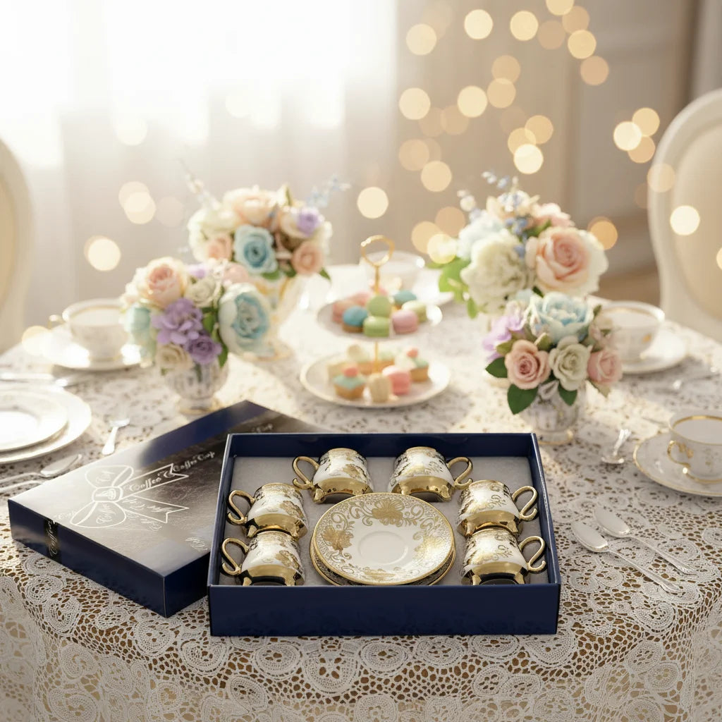 QIANHU Luxury 120ml Porcelain Enamel Espresso Tea Cup Saucer Gold Rim 12PCS Vintage Eco-Friendly Home Use Ramadan Gift Set