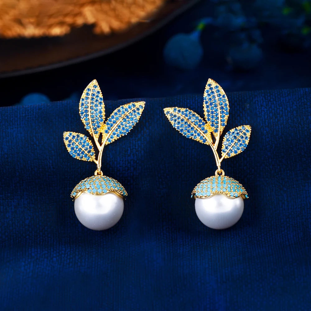 Noble Leaf Shaped Gold Plated Jewellery Pearl Dangle Drop Cubic Zircon and Turquoise Blue Earrings for Women Wedding Wear