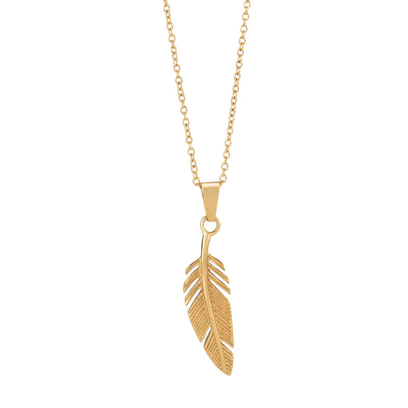 Minimalist Women Jewelry 18K Gold Plated Stainless Steel Feather Charm Feather Leaf Shape Long Pendant Choker Necklace