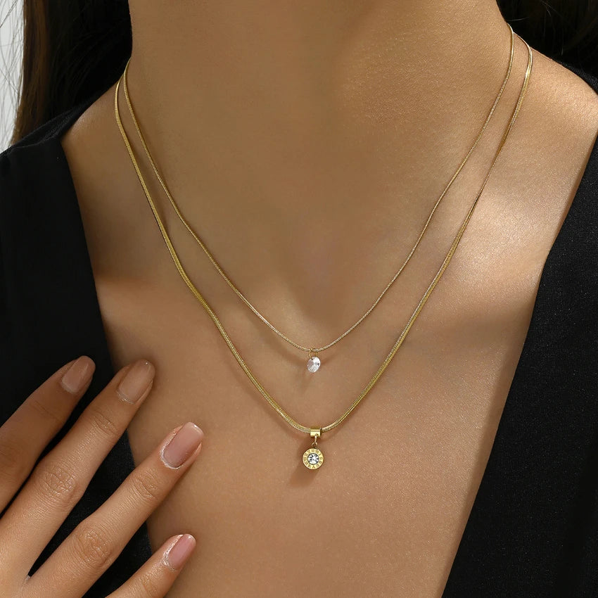 MC316 Wholesale Stainless Steel Necklace Dainty Multilayer Layered Minimalist Double CZ Zircon Necklace Fashion Jewelry for Girl