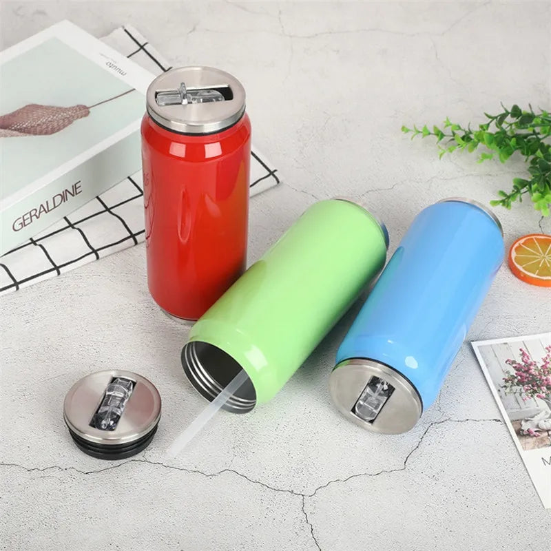 350ml 500ml Customized Stainless Steel Cola Can Shape Vacuum Water Bottle Double Wall Soda Can Travel Tumbler with Straw