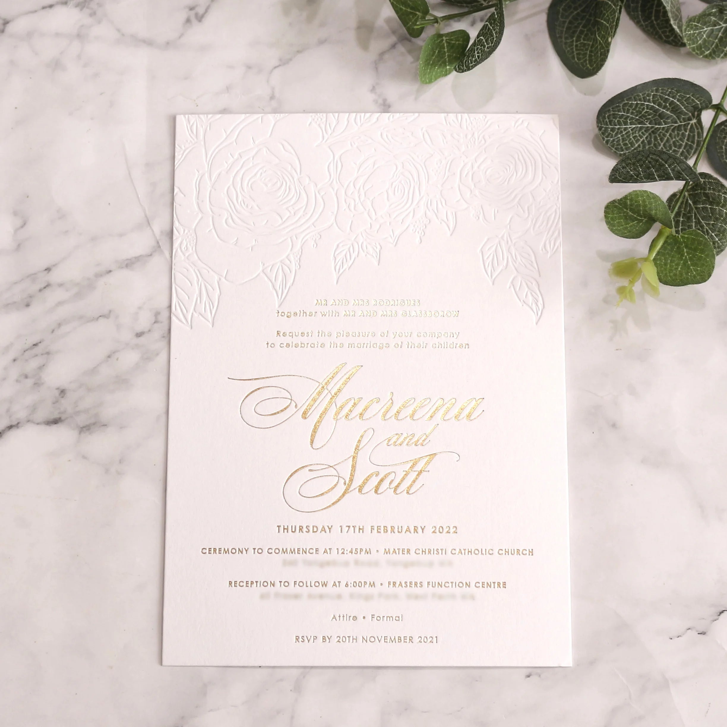 Blind Foil Floral Wedding Invites Gold Foil Invitation Destination Wedding Custom Wedding Cotton Invitations