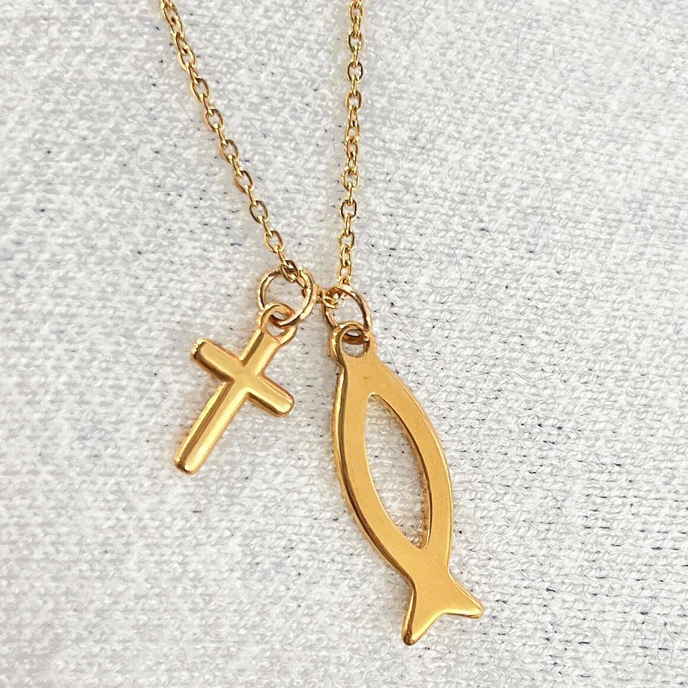 Religious Jewelry Stainless Steel Jesus Cross Charm Christian Fish Pendant Necklace Spiritual Jesus Christ Necklaces