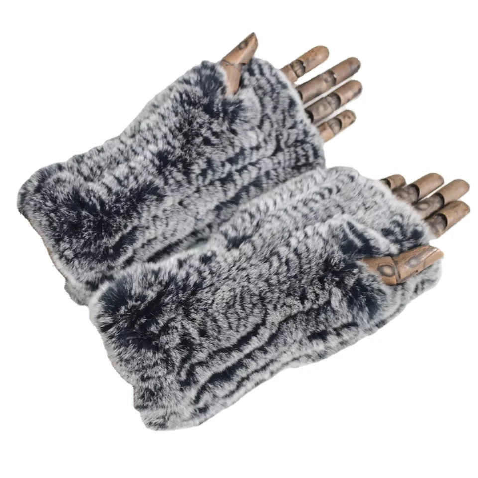 MWFur Rex Rabbit Fur Gloves Mittens for Lady Girls Fashion Elastic Hand Knitted Winter Warm Girl Finger Less Gloves