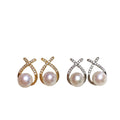 European and American New Exquisite Freshwater Pearl Zircon Women's Stud Zircon Cross Circle Pearl Earrings