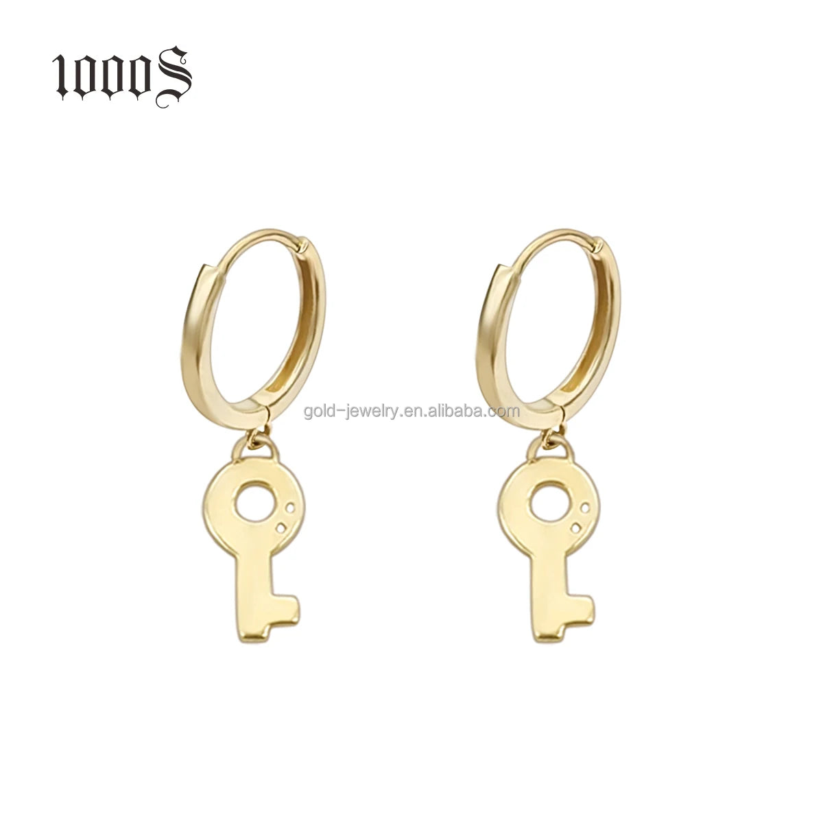 Trendy 14K Solid Yellow Gold Small Hoop Earring Charms Huggie Drop Dangle Key Shape 1 Pair for Weddings Anniversary & Gift