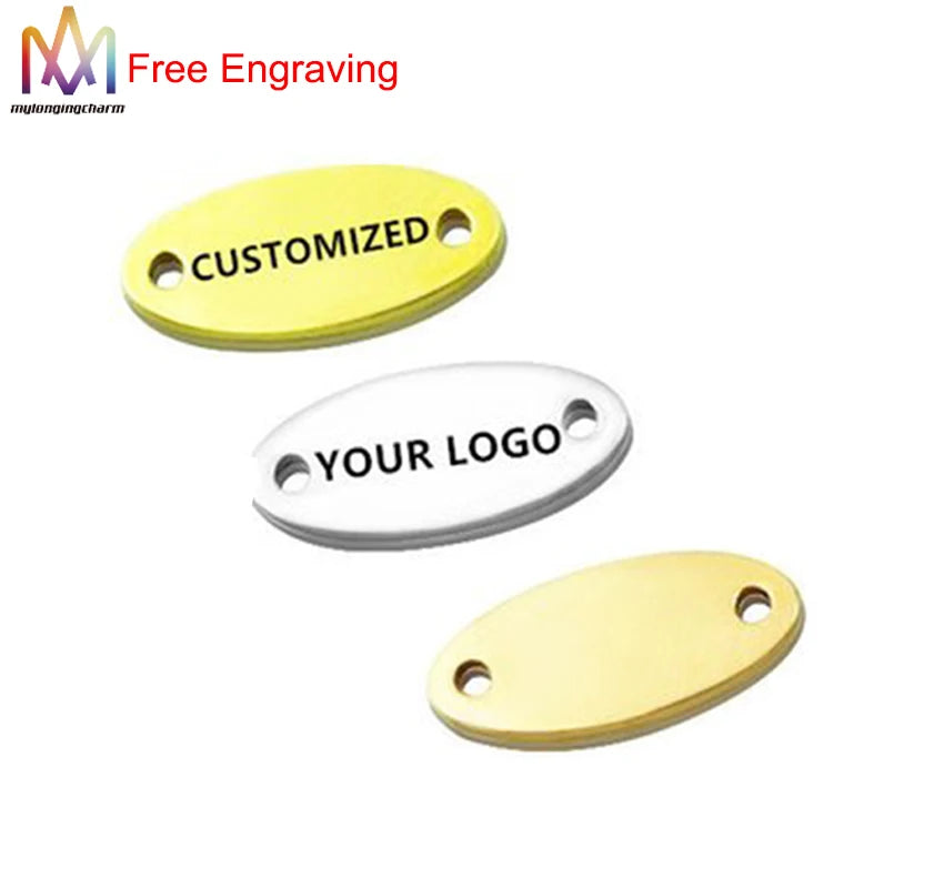 50pcs-custom Your logo or Design-Laser Engraved Clothing Label-5*12mm 6*14mm 12*22mm 15*35mm 1Engravable Oval Connecter Mini Siz