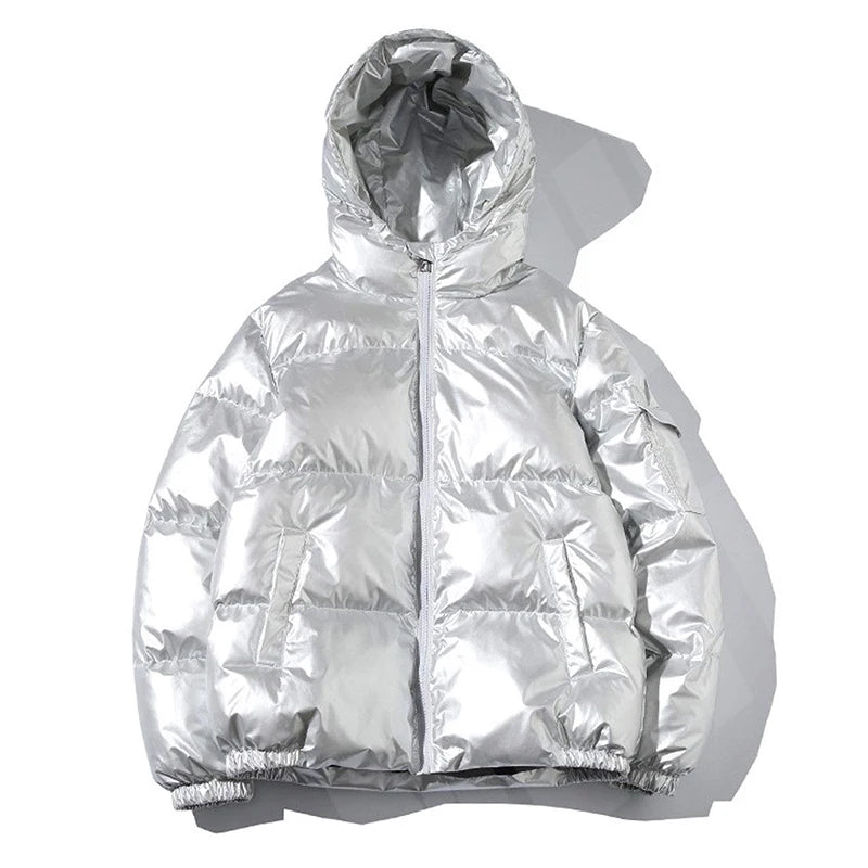 Custom Metallic Hooded Puff Bubble Jacket Full Zip Down Windbreaker Quilted Padded Coat Bomber Streetwear Puffer Jacket Men