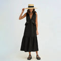 Vacation Women Casual Midi Dresses Loose Solid Cotton V Neck High Waist Sleeveless Ruffle Elegant Ladies Maxi Dress With Pocket