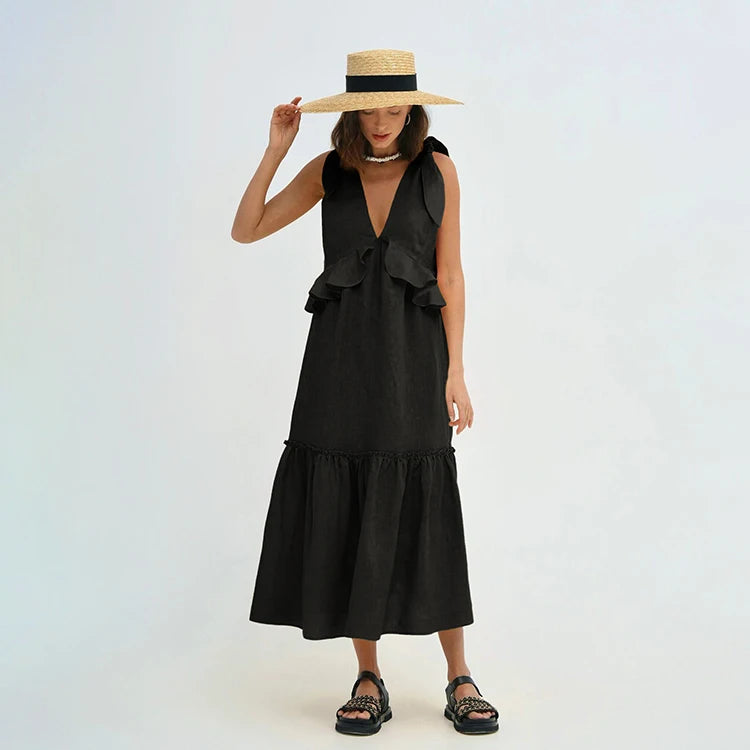 Vacation Women Casual Midi Dresses Loose Solid Cotton V Neck High Waist Sleeveless Ruffle Elegant Ladies Maxi Dress With Pocket