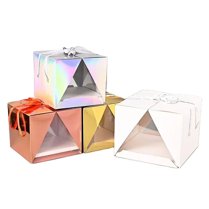 Unique Design Custom Logo Clear PET Paperboard Square Tote Trinity 4 Inch 6inch 8inch Recycled Materials Food Safe Cake Package