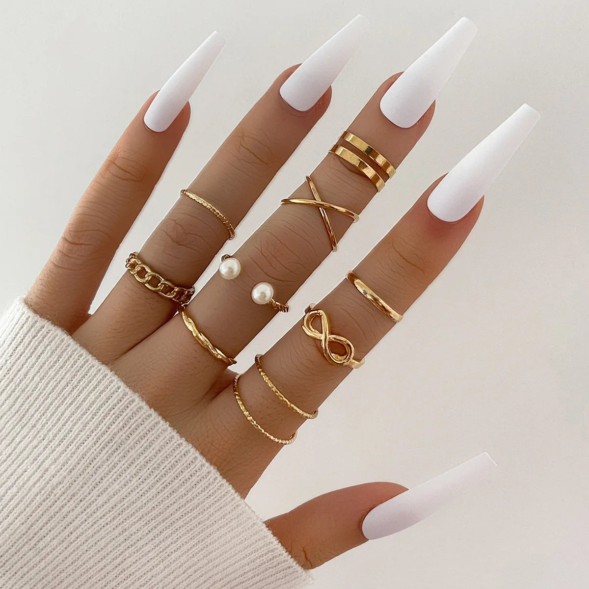 European American Bohemia Fashion 9Pcs/Set Gold Plated Joint Ring Sets Pearl Twist Adjustable Jewelry Rings Set For Women