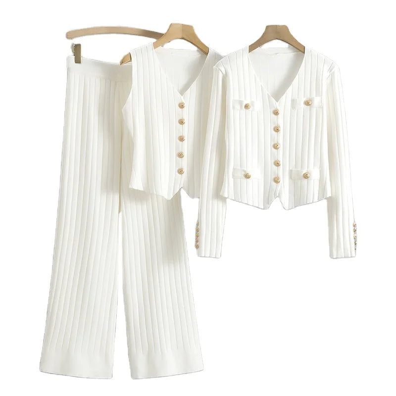Free Size Korean Version Wide Leg Sweater Vest Pants Three Piece Sweater Set Spring and Autumn New Vest Knitted Cardigan Set