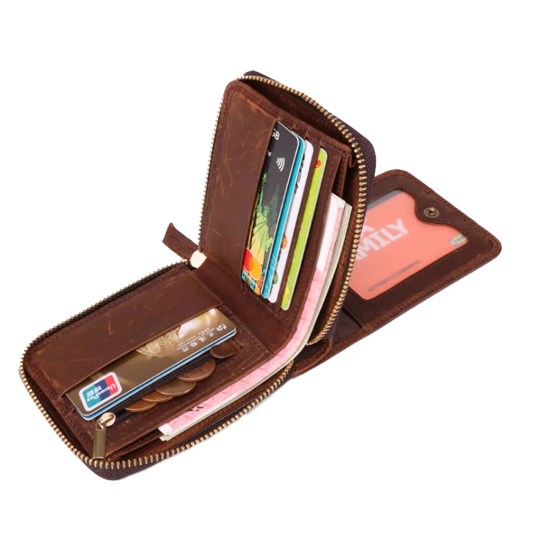 Vintage Style Mens Wholesale Genuine Leather Zipper RFID Blocking Designer Card Leather Wallet