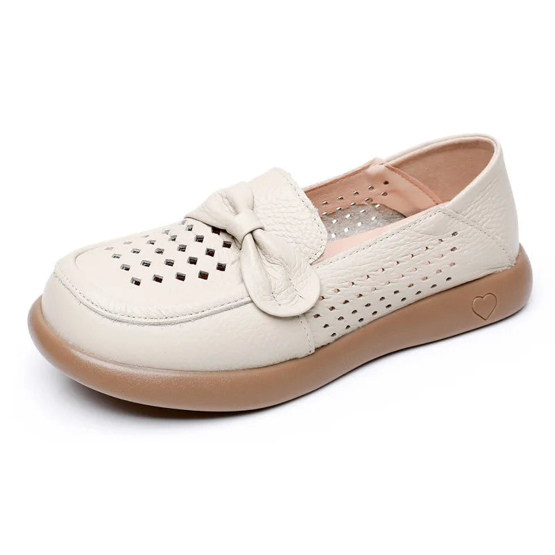Summer Openwork Leather Shoes Soft Sole Soft Surface Non-slip Women's Single Shoes for Middle-aged and Elderly People Flat Shoes