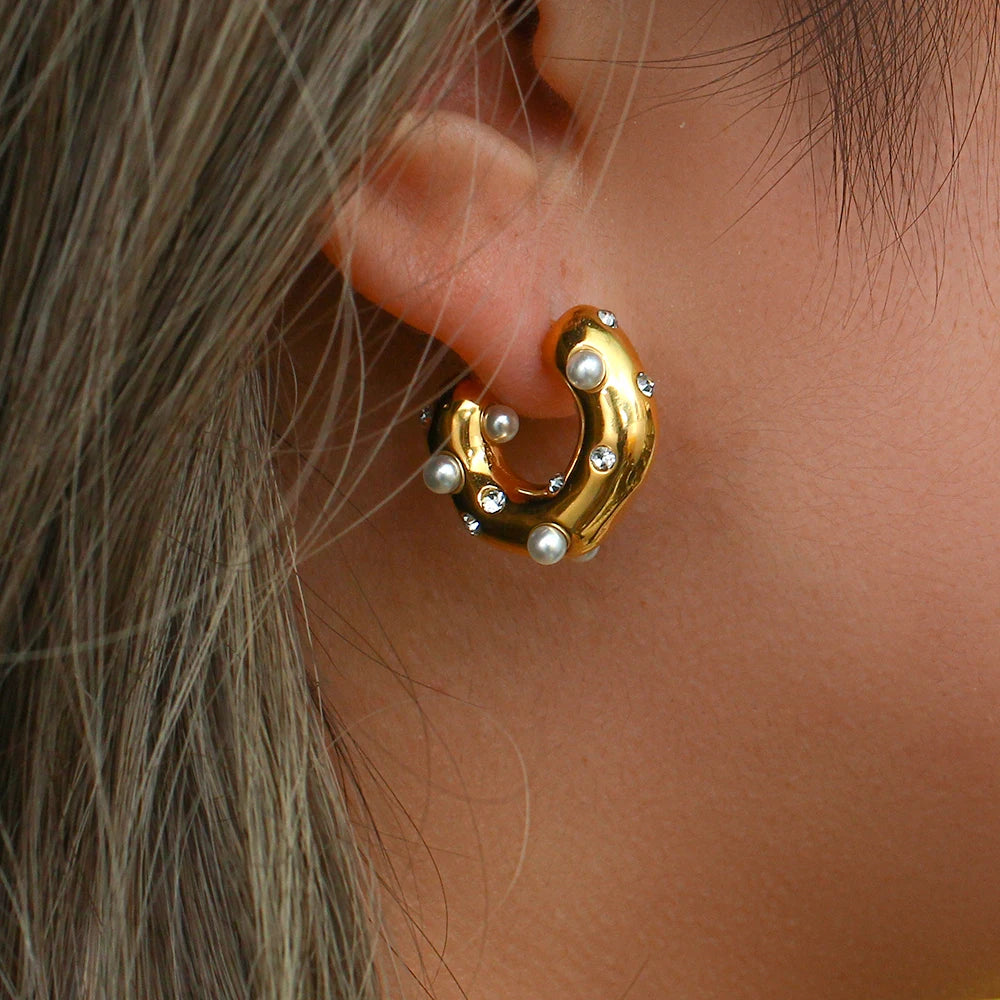 INS Gold Plated Jewelry Freshwater Pearl Thick Hoop Earrings Stainless Steel C Shaped Chunky Stud Earring Women Christmas Gift
