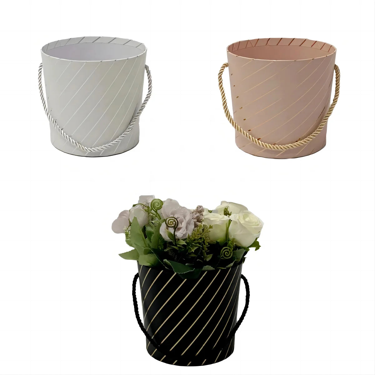 Single-Hand Hold Trapezoidal Round Bucket Flower Gift Box Spot Hot Gold Striped Design with Embossed Printing and Rope Accents